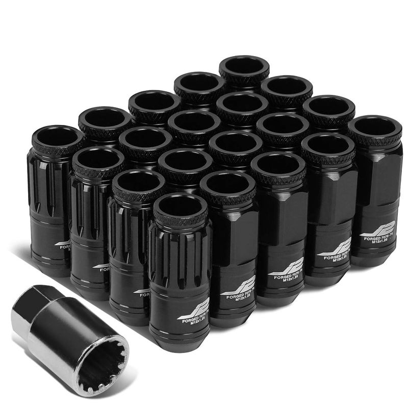 J2 Engineering 16Pcs 7075 Aluminum Open End M12 x 1.25 Lug Nuts w/4Pcs Lock Nuts & Key, Black, Fit Conical Seat, LN-T7-002-125-BK - Image 1